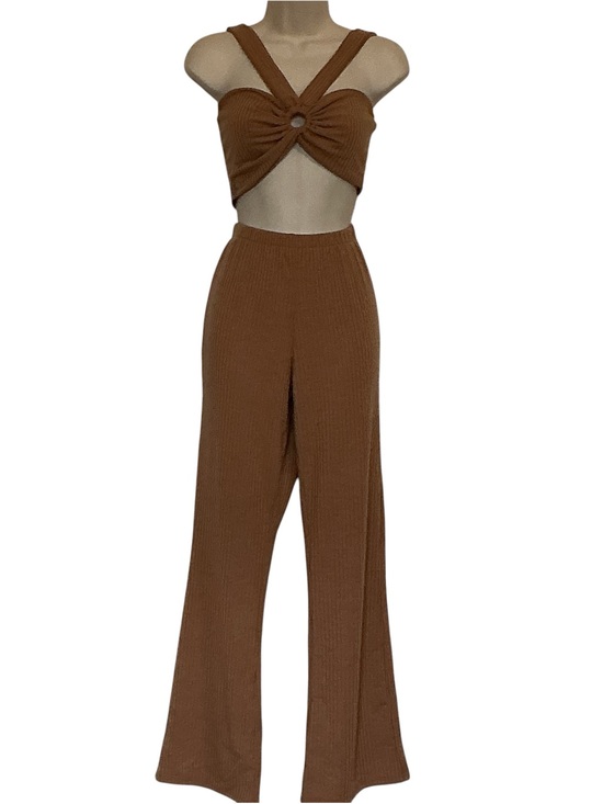 I love Joah Pants - NWT I Love Joah 2 Piece Brown Ribbed Halter and Pants Stretch Comfy Summer Beach